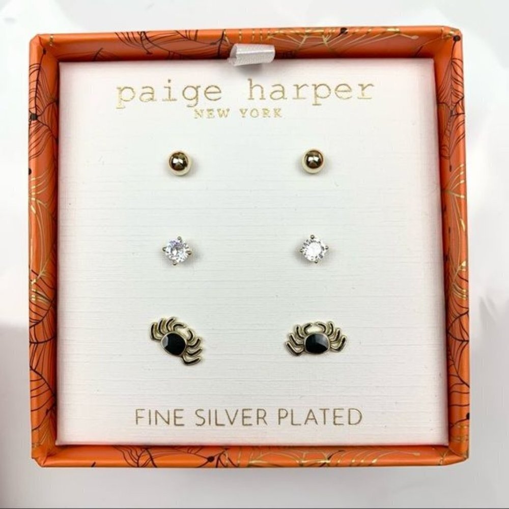 Paige Harper Earring‎ Set Halloween Spider Studs Gold Tone Fine Silver Plated